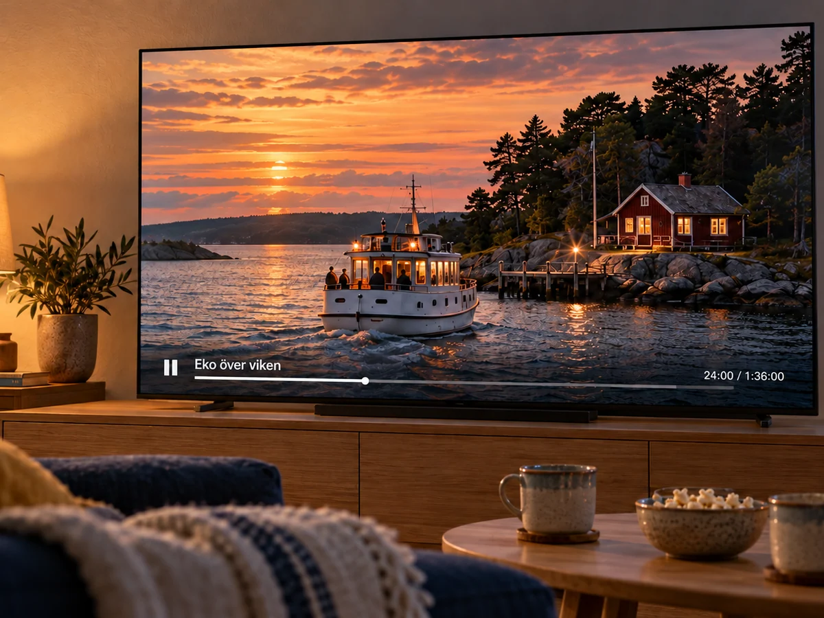 En fiktiv film spelas på en TV bredvid varm belysning, muggar och popcorn.