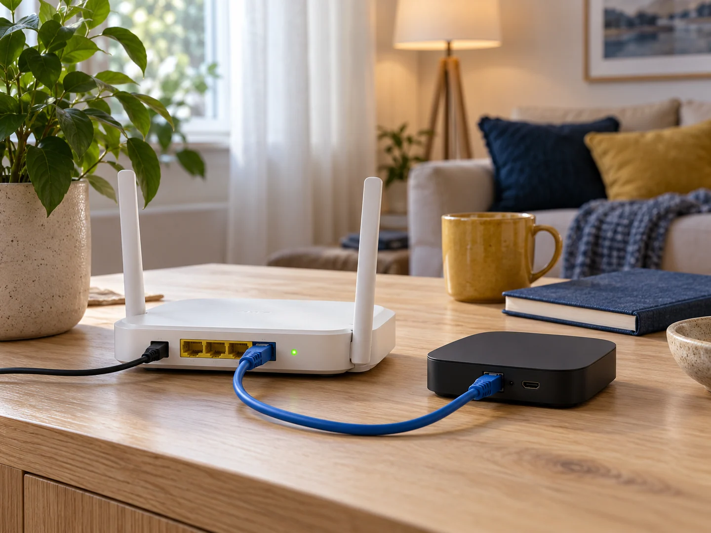 En vit router och en liten mottagare är anslutna med en blå nätverkskabel på ett träbord.