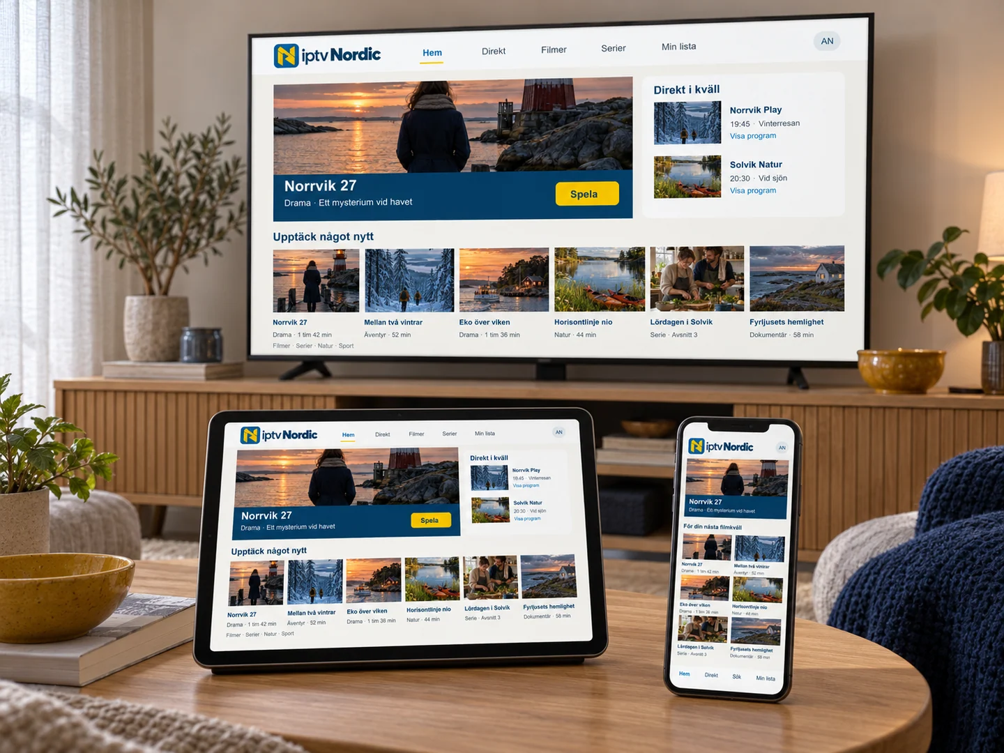 TV, surfplatta och mobil visar ett fiktivt bibliotek med filmer och naturprogram.