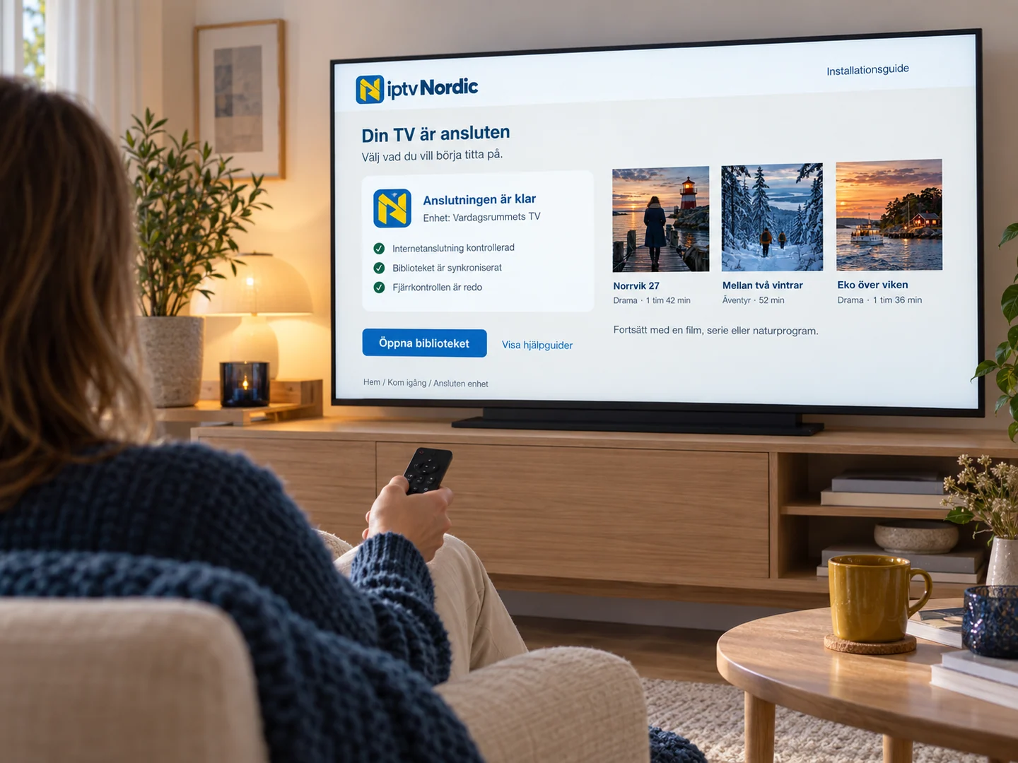 En person använder fjärrkontrollen framför en TV med en färdig anslutningsguide.