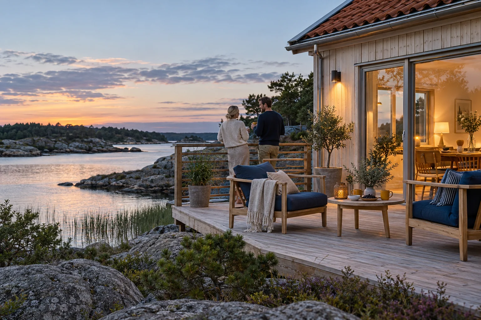 Två personer står på en träterrass vid ett kusthus i kvällsljus.