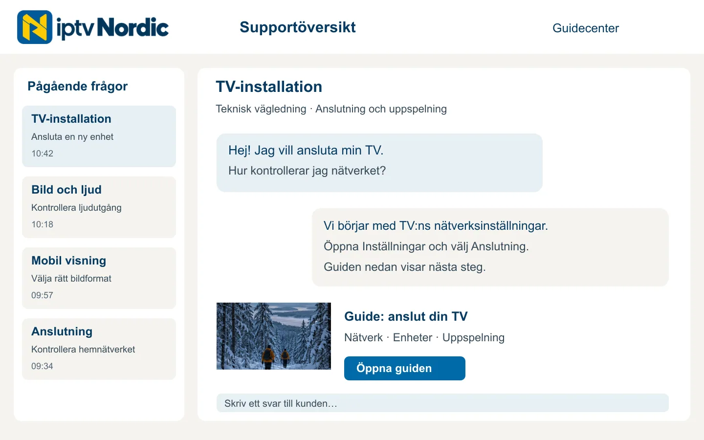 En fiktiv supportöversikt med installationsfrågor och hjälpguiden.